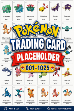 Pokémon Complete Pokédex Placeholder Cards (No. 1-1025 English Names) Printable TCG Binder Inserts, National Dex Card PDF